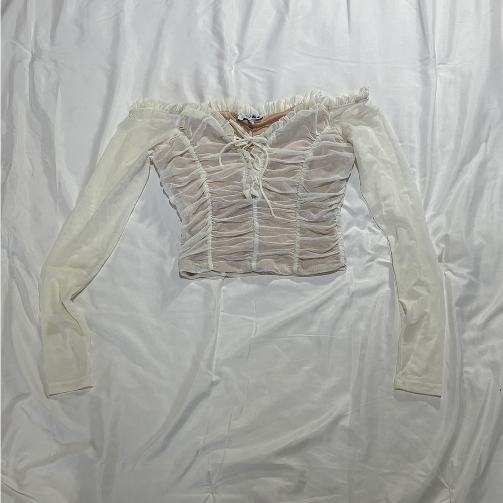 Fashion Nova off the shoulder ruched mesh long sleeve with lace up front